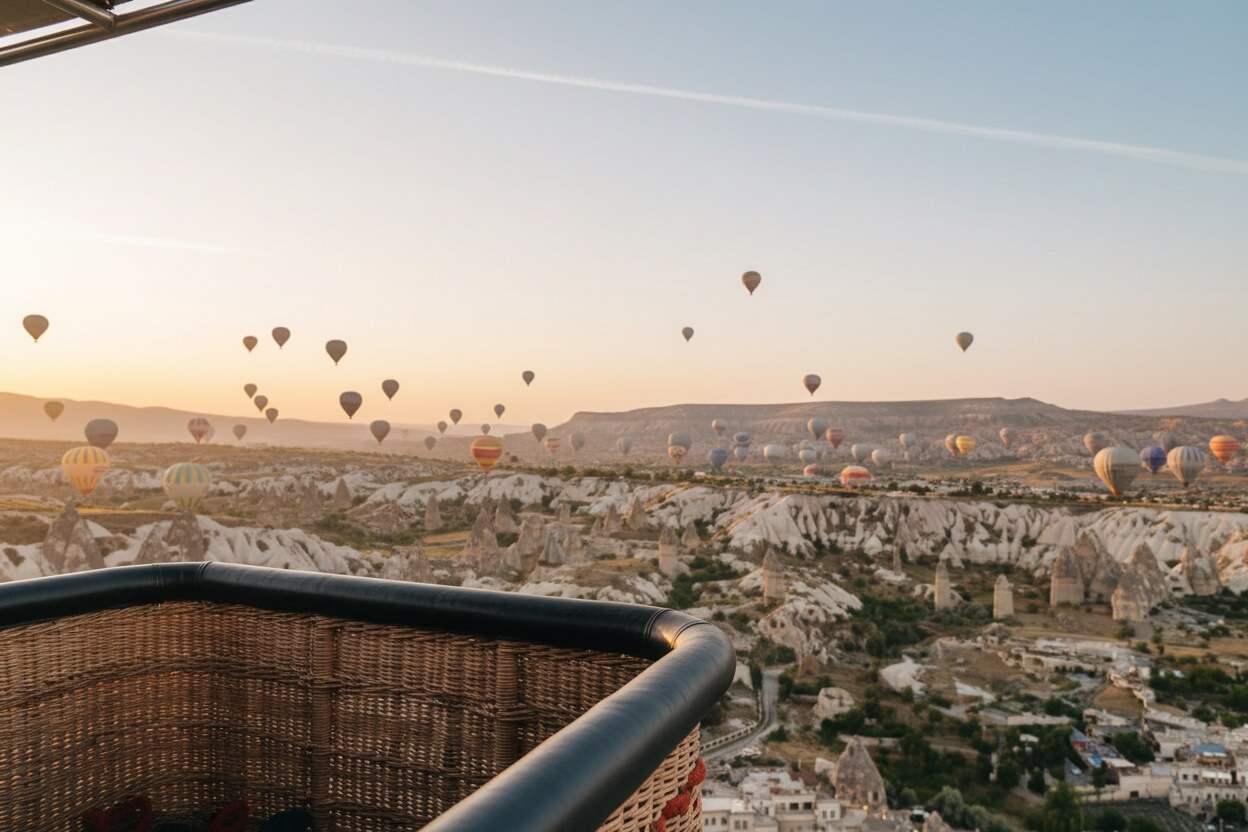 Bordo del cesto di una mongolfiera con la valle e altre mongolfiere sullo sfondo all'alba